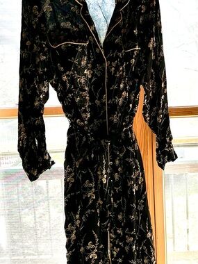 April Cornell Black Velvet Long Sleeve Floral Dress with Gold Embroidery